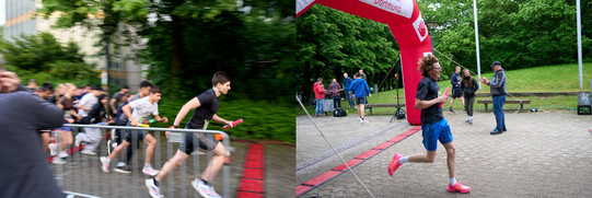 picture showing an action shot of Krystian running as well as Moritz crossing the finish line